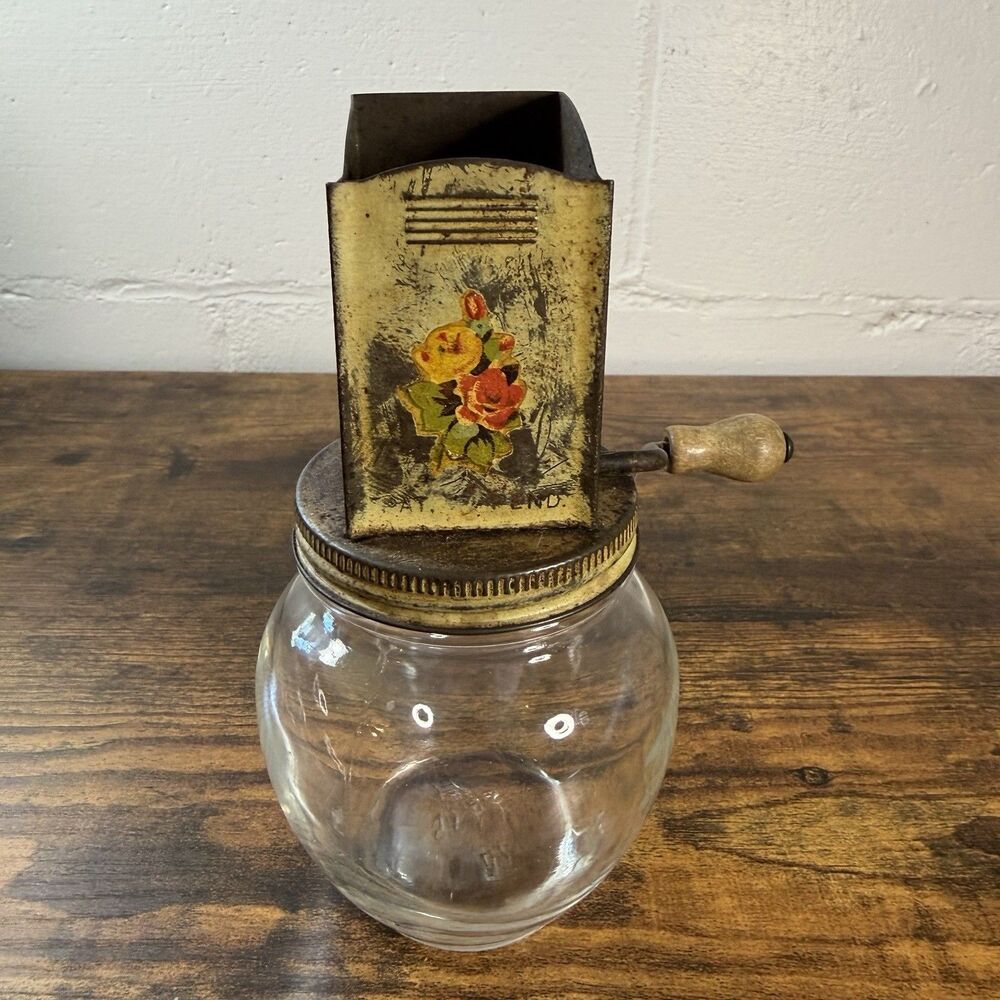 Vintage Hazel-Atlas Hand Crank Nut Grinder Glass Jar Floral Kitchen Tool